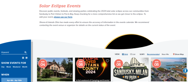 A screenshot highlighting events occurring over the dates of the eclipse