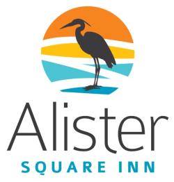 Logo reading "Alister Square Inn." Above the words is a design of an orange and blue circle with the black outline of a coastal bird inside.