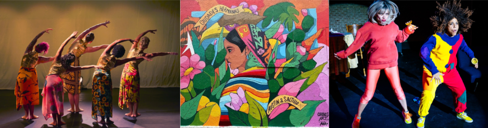 Three images of different style of arts: women dancing, a colorful mural and two women in costume jumping.