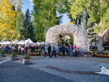 Fall Arts Festival seen from the Antler Arch in Jackson Hole Town Square on a sunny day.