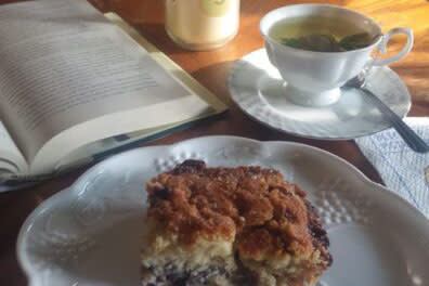 pie serving in a plate with hot leaf tea in a cup while reading a book