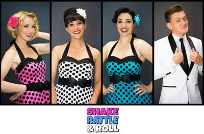 Shake, Rattle & Roll's performance will pull you into the electrifying energy of 1950s rock n Roll on Thursday, April 15 at 7 pm as part of the Morgan County Community Concerts Series. Photo shows an image of the show's featured performers.