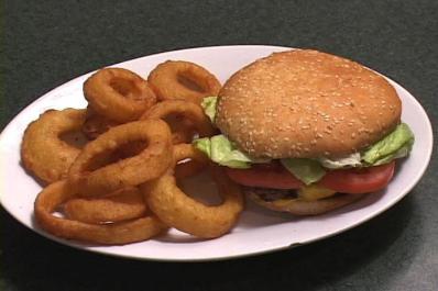 Full House burger and onion rings