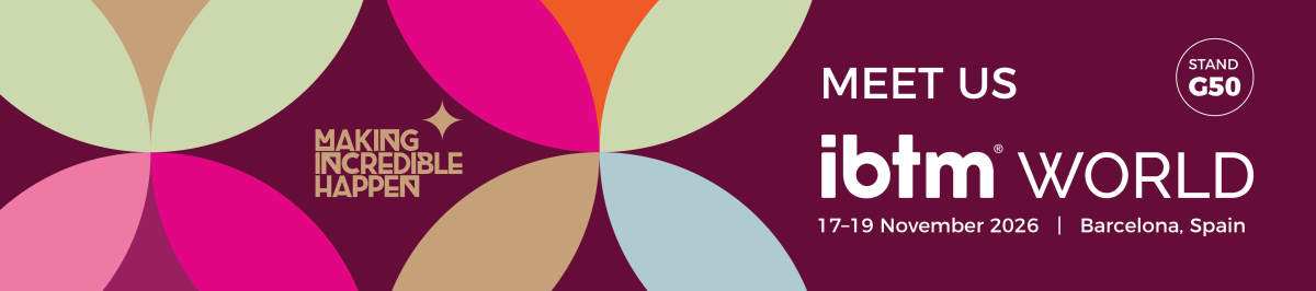 Promotional banner for IBTM World 2026 featuring a bold geometric design in burgundy, pink, green, beige, orange and light blue. Text reads: “Making Incredible Happen” and “Meet Us at IBTM World, 17–19 November 2026, Barcelona, Spain.” A circular badge in the top-right corner states “Stand G50.”