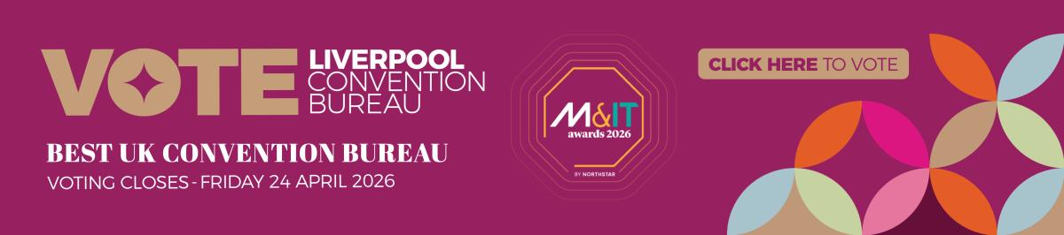 A banner in dark purple that says 'Vote Liverpool Convention Bureau"