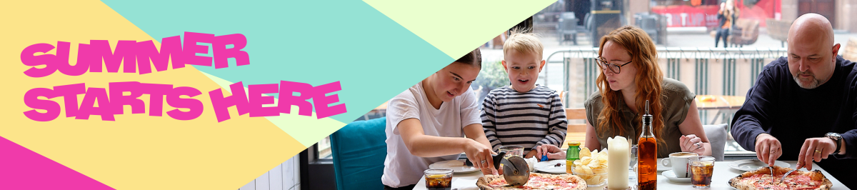 A family of four eating pizza in a restaruant. The text says Summer Starts Here in pink letters.