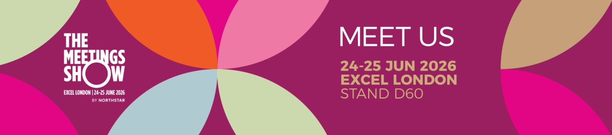 Colourful promotional banner for The Meetings Show featuring overlapping circular shapes in pink, purple, orange, green, and blue. On the left, white text reads “The Meetings Show” with smaller text “Excel London | 24–25 June 2026 by Northstar.” On the right, large white and gold text reads “Meet Us 24–25 Jun 2026 Excel London Stand D60.”