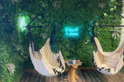 Swinging comfy chairs with a greenery background wall