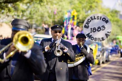 Brass band marching in a Mardi Gras parade
