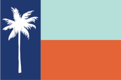 Texas flag color replaced with oranges and blues. In place of the star is a white palm tree.