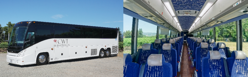 two images side by side. the left side image shows inside of a california wine tours bus and the the right side shows the outside of the black and white bus.