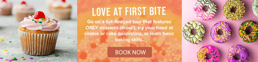 Desserts imagery promotes booking cookie and cake decorating classes or a dessert tour through VisitGreenvilleSC.com.