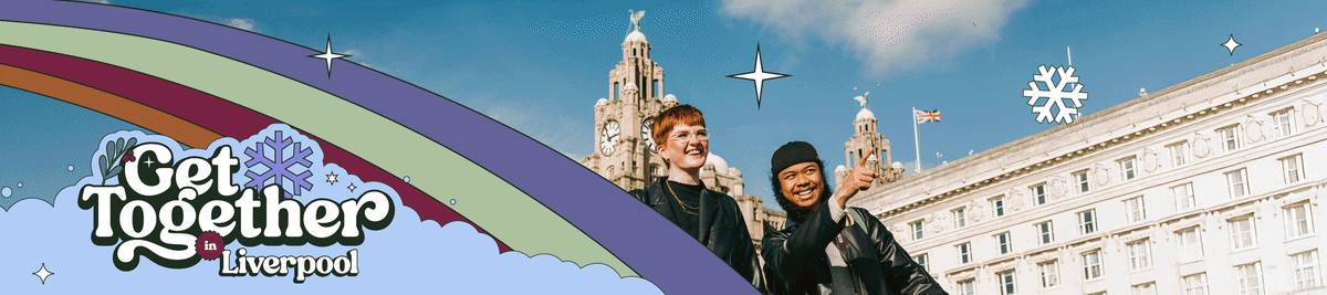 A banner with rotating images of Liverpool's Pier Head, Southport Beach, Crosby Beach and a logo that says Get Together in Liverpool.