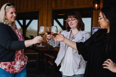 Group of girlfriends cheering with wine
