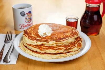 Plate of pancakes with syrup and coffee cup