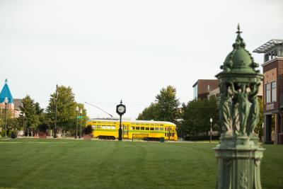 Wallace Fountain and Electric Streetcar in Kenosha