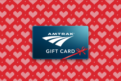 Amtrak gift card with red heart background