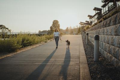 Woman walking a dog along a paved trail in Wintler Park with long shadows in the foreground.