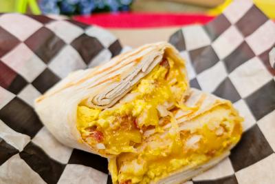Breakfast burrito with eggs, cheese and bacon from Dorothy Ann Bakery.