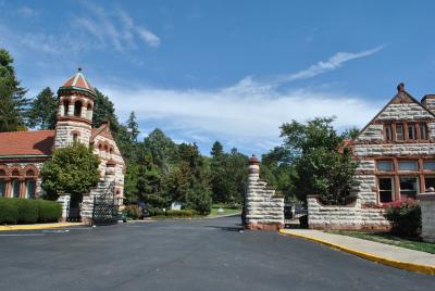 Woodland Cemetery in Dayton, Ohio. Picture of gateway, chapel, and office buildings
