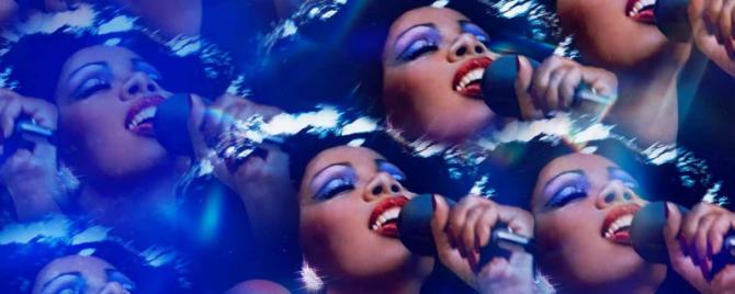 A repeated graphic depicting Donna Summer singing into a microphone advertising "Summer: the Donna Summer Musical"