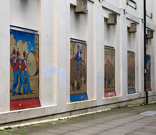 View of the elephant mosaics on a wall in Cheltenham