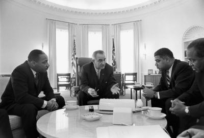 Civil rights leader and Shelby County, KY native, Whitney M. Young, Jr., with President Lyndon Johnson (center) and Martin Luther King, Jr. (right).