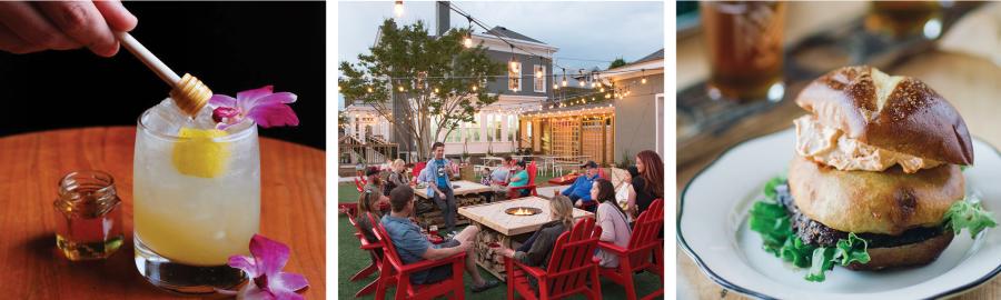 Collage of drinks, patio dining and local food in southern Indiana