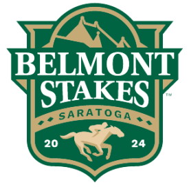 green, white, and gold logo for Belmont Stakes Saratoga 2024