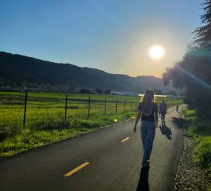 A paved walking and biking path with people walking and the sun shining, showing the surrounding greenery and mountain range