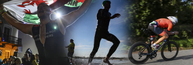 Three competitors running, swimming and cycling in an Ironman competition.