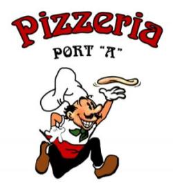 Logo reading Pizzeria Port "A" over a cartoon drawing of an Italian chef tossing a pizza