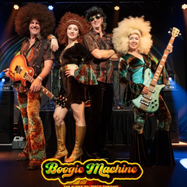Boogie Machine 70's Disco Tribute Band photo of four with guitars dressed in 1970's disco attire and Boogie Machine logo.