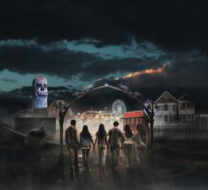 Six people are shown walking into Frightland, a haunted attraction in Middletown, Delaware. A silo with a skeleton painted on it is in the background along with a haunted house.