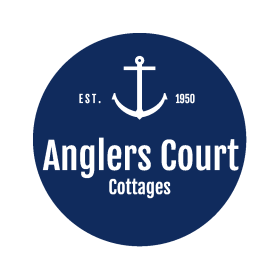 Blue and white logo reading Anglers Court Cottages