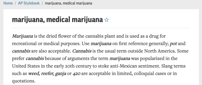 The AP Stylebook guide on how to use marijuana in written situations