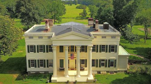 An aerial view of the mansion at the Jay Heritage Center.