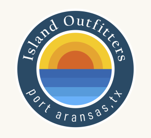 Round seal logo that says "Island Outfitters Port Aransas, TX" on the blue outer circle. On the inner circle, there's lines of a sunset and water.