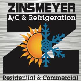 Zinsmeyer A/C & Refrigeration Residential & Commercial Logo on a gray steely background with half a sun and half a snowflake