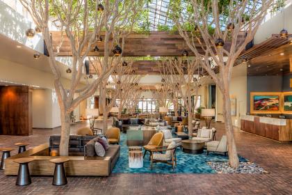 Atrium ficus tree-lined lobby at the Portola Hotel and Spa. Lounge area with blue carpet and many types of chairs.