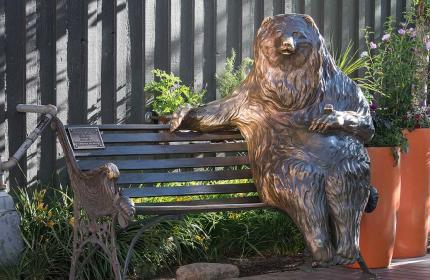 A statue of a bear on a bench on Main Street in Park City, UT