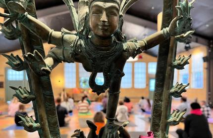 An Asian statue on display before yoga class attendees at the Shop Yoga Studio in Park City, UT