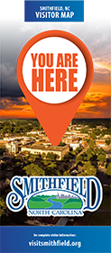 The cover of the Smithfield you Are Here Map features a picture f the beautiful downtown Smithfield area with the town of Smithfield's logo.