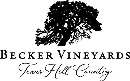 Black logo on a white background with the outline of a tree and text reading "Becker Vineyards" in a serif font over "Texas Hill Country" in a script font.