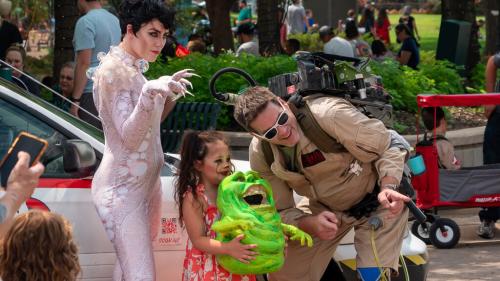Residents in costume pose during Monster Days in downtown Greeley, Colorado