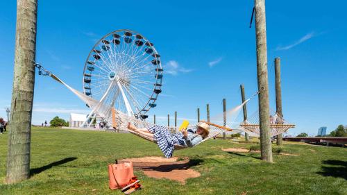 Woman reading in hammock at the Wheeler District Ferris Wheel