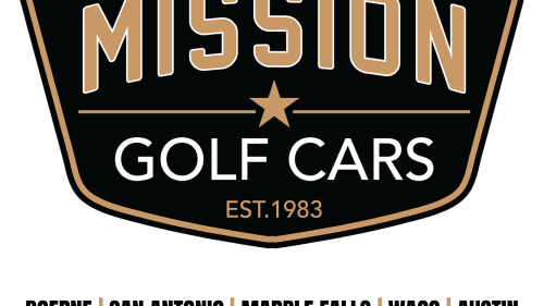 Mission Golf Cars logo in a bleu and gold badge design