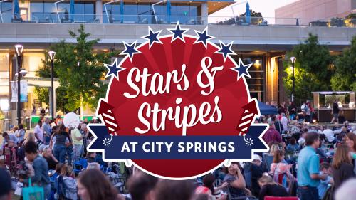 The logo for the Stars & Stripes at City Springs event placed over an image of a crowd of people on City Green at City Springs