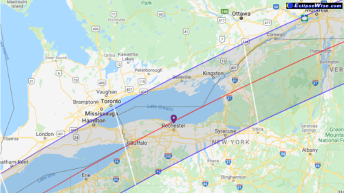 A map of Rochester with a blue-colored highlight over the path of the upcoming eclipse