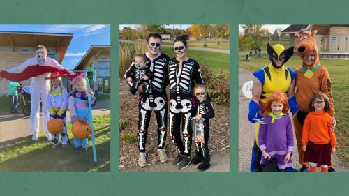 Families dressed posing in Halloween costumes